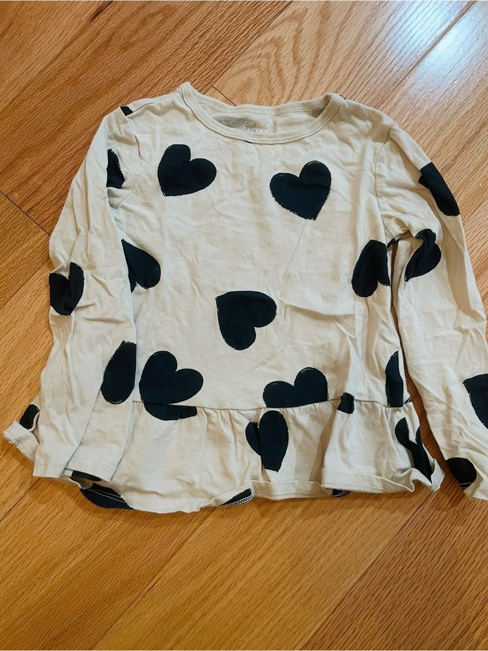 Carter's Cream Long-Sleeve Peplum Top with Black Hearts